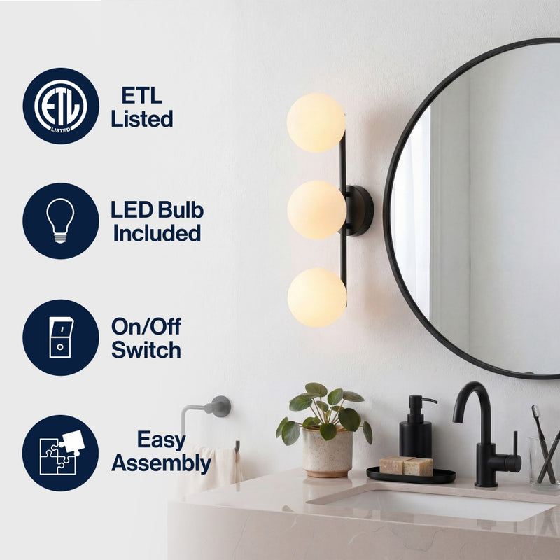 Nash 23 in. 3-Light Mid-Century Modern Metal and Frosted Glass Globe LED Vanity Light