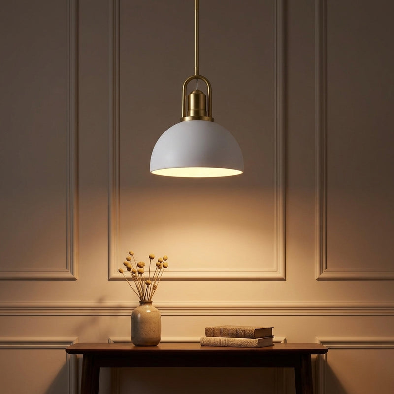 Zane 9.5 in. 1-Light Modern Farmhouse Industrial Metal Dome LED Pendant White/Brass Gold – AI-ON
