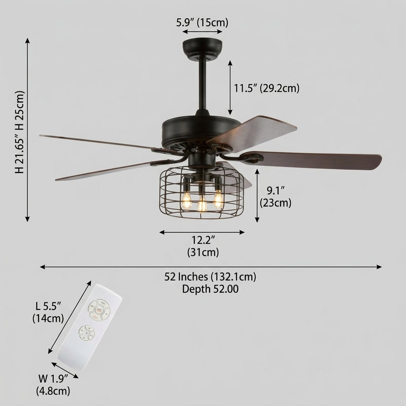 Asher 52" Industrial Metal/Wood LED Ceiling Fan With Remote Forged Black / 3 Sockets – DIM