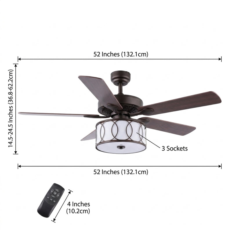 Circe 52" Transitional Glam Drum Shade LED Ceiling Fan With Remote Oil Rubbed Bronze/White / 3 Sockets – DIM