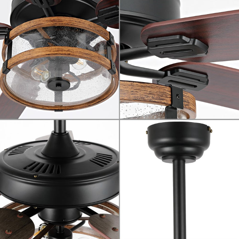 Joanna 52"  Rustic Industrial Iron/Wood/Seeded Glass Mobile-App/Remote-Controlled LED Ceiling Fan - JONATHAN Y