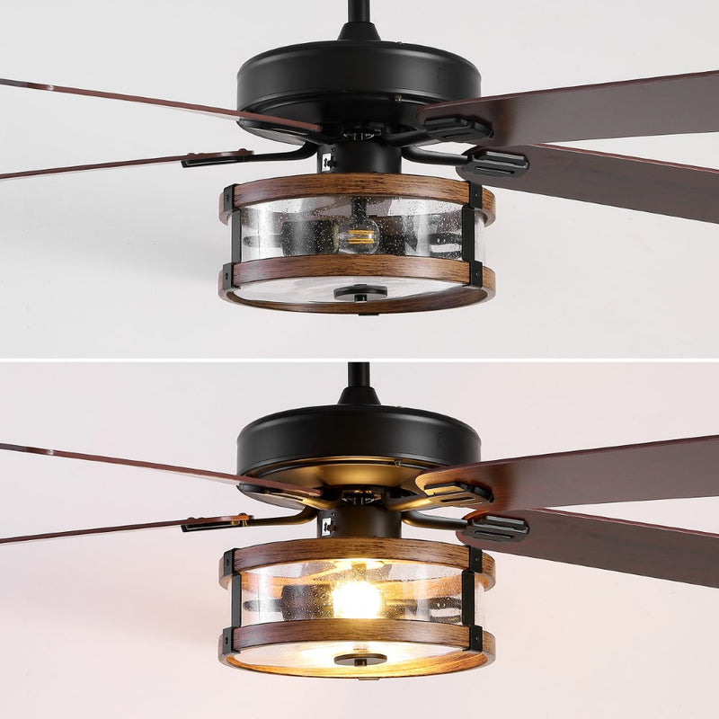 Joanna 52"  Rustic Industrial Iron/Wood/Seeded Glass Mobile-App/Remote-Controlled LED Ceiling Fan - JONATHAN Y