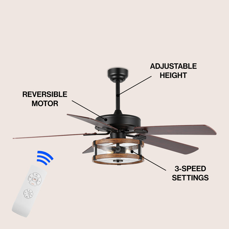 Joanna 52"  Rustic Industrial Iron/Wood/Seeded Glass Mobile-App/Remote-Controlled LED Ceiling Fan