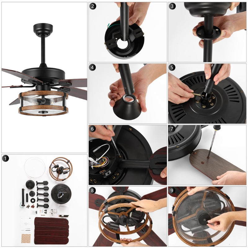 Joanna 52"  Rustic Industrial Iron/Wood/Seeded Glass Mobile-App/Remote-Controlled LED Ceiling Fan - JONATHAN Y