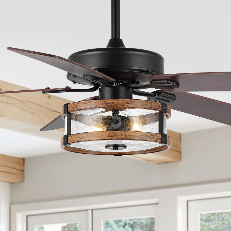 Joanna 52"  Rustic Industrial Iron/Wood/Seeded Glass Mobile-App/Remote-Controlled LED Ceiling Fan - JONATHAN Y