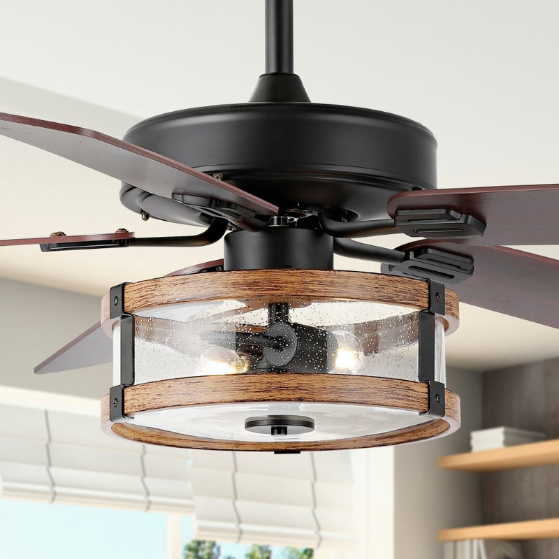 Joanna 52"  Rustic Industrial Iron/Wood/Seeded Glass Mobile-App/Remote-Controlled LED Ceiling Fan - JONATHAN Y
