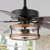 Joanna 52"  Rustic Industrial Iron/Wood/Seeded Glass Mobile-App/Remote-Controlled LED Ceiling Fan - JONATHAN Y