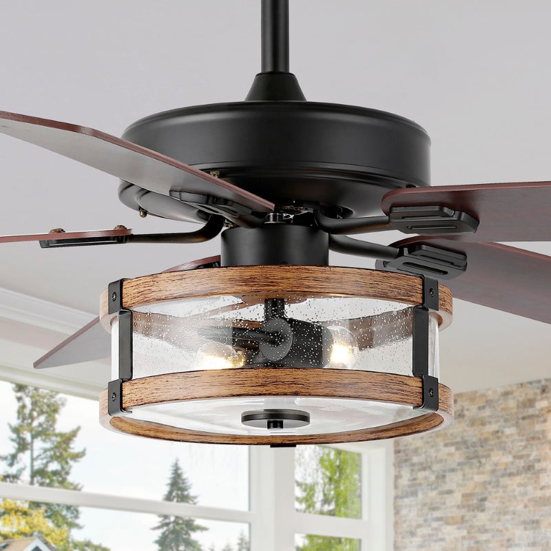 Joanna 52"  Rustic Industrial Iron/Wood/Seeded Glass Mobile-App/Remote-Controlled LED Ceiling Fan - JONATHAN Y