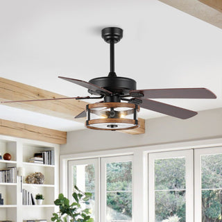 Joanna 52"  Rustic Industrial Iron/Wood/Seeded Glass Mobile-App/Remote-Controlled LED Ceiling Fan - JONATHAN Y