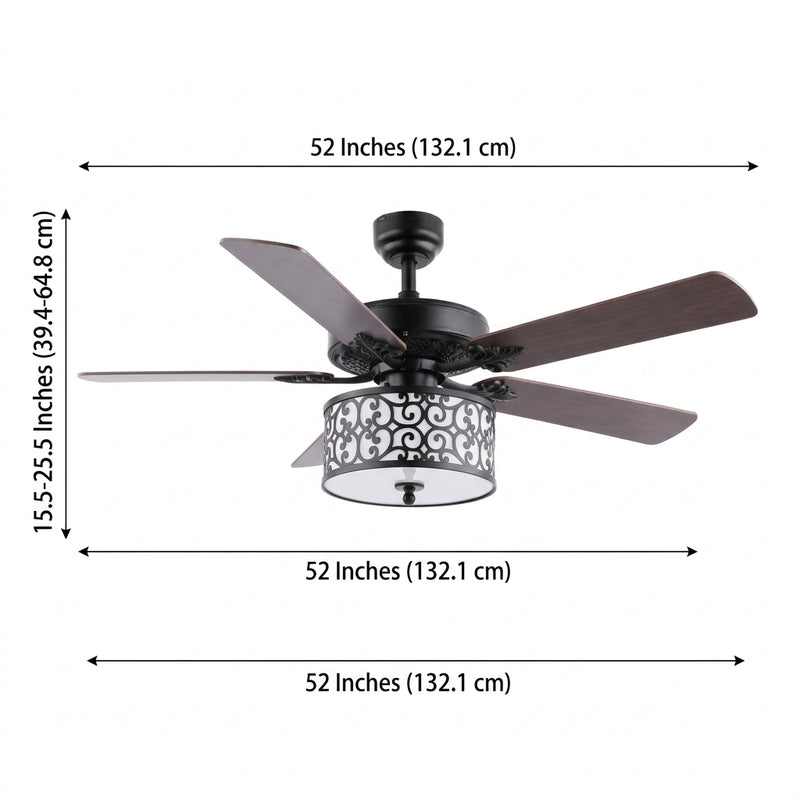 Paolo 52" Farmhouse Industrial Iron Scroll Drum Shade LED Ceiling Fan With Remote Black/White / 3 Sockets – DIM