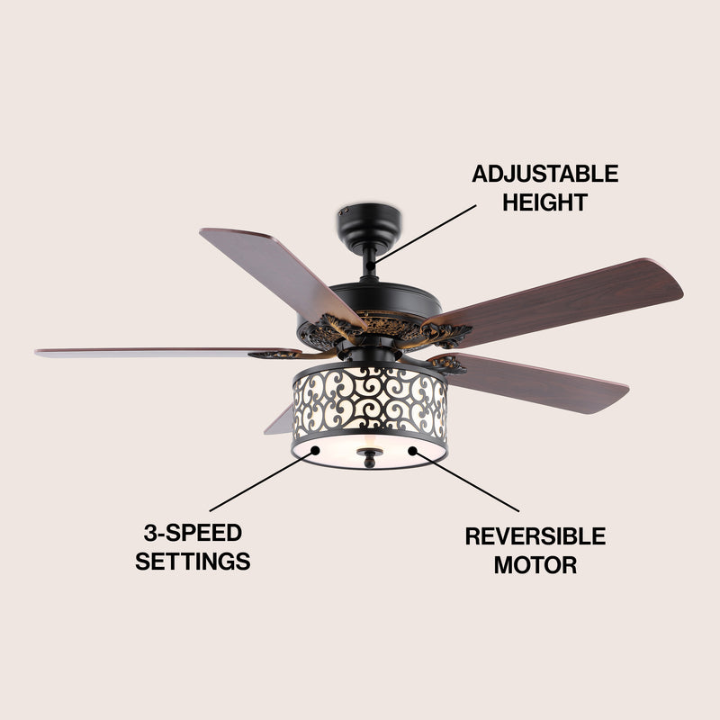 Paolo 52" Farmhouse Industrial Iron Scroll Drum Shade LED Ceiling Fan With Remote