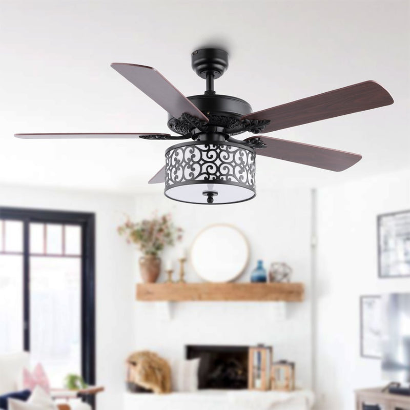 Paolo 52" Farmhouse Industrial Iron Scroll Drum Shade LED Ceiling Fan With Remote - JONATHAN Y
