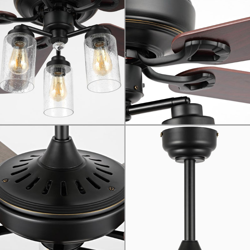 Lucas 52"  Rustic Industrial Iron/Wood/Seeded Glass Mobile-App/Remote-Controlled LED Ceiling Fan - JONATHAN Y