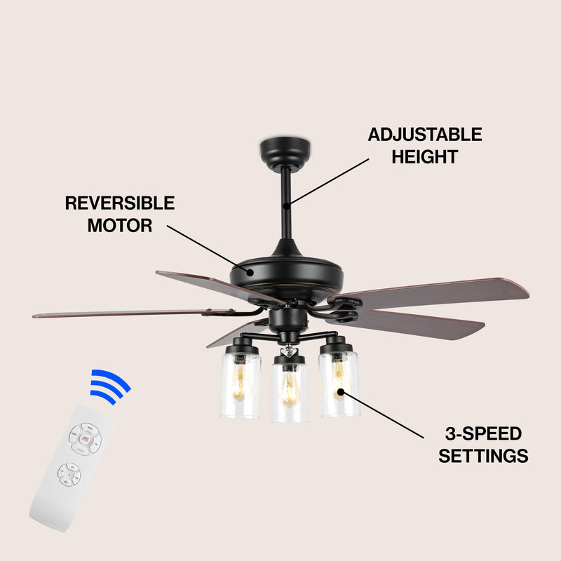 Lucas 52"  Rustic Industrial Iron/Wood/Seeded Glass Mobile-App/Remote-Controlled LED Ceiling Fan