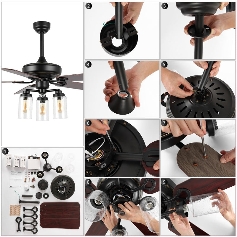 Lucas 52"  Rustic Industrial Iron/Wood/Seeded Glass Mobile-App/Remote-Controlled LED Ceiling Fan - JONATHAN Y