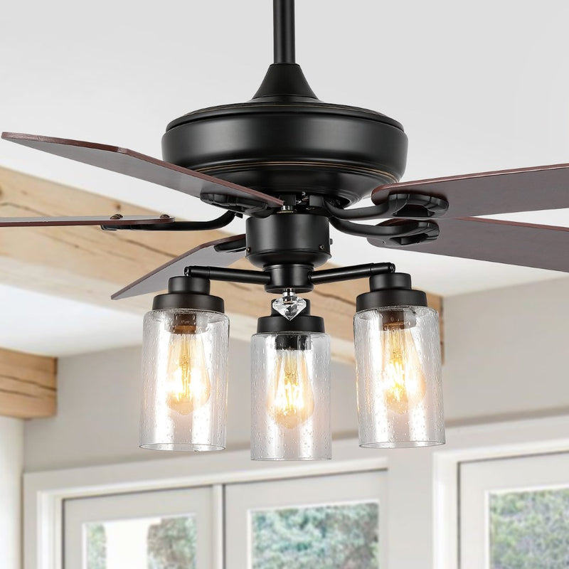 Lucas 52"  Rustic Industrial Iron/Wood/Seeded Glass Mobile-App/Remote-Controlled LED Ceiling Fan - JONATHAN Y