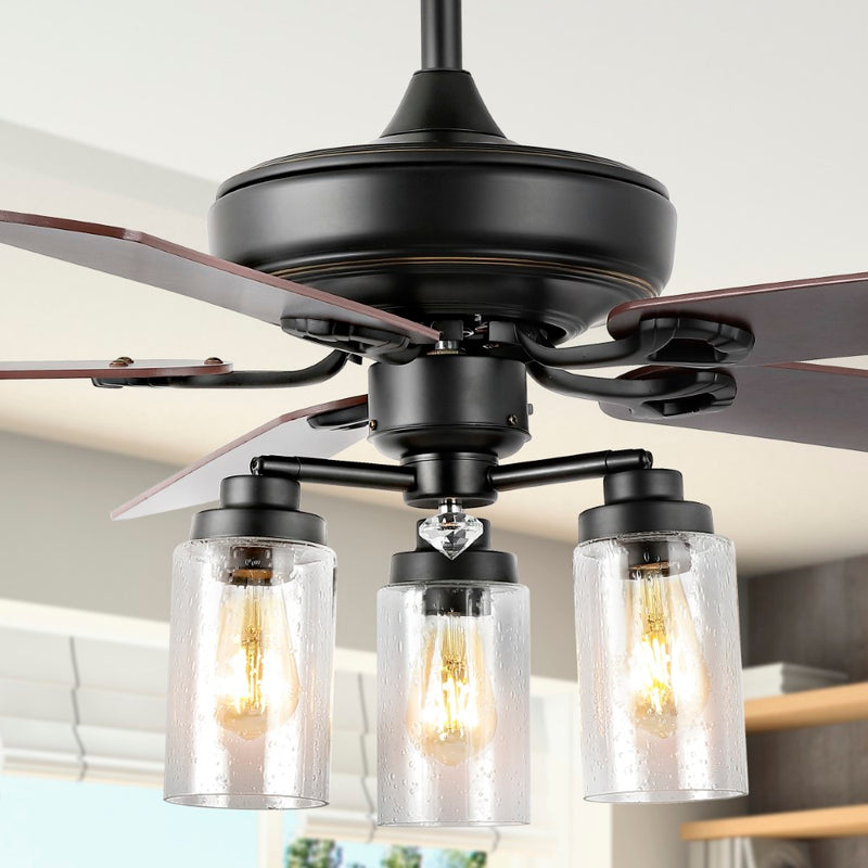 Lucas 52"  Rustic Industrial Iron/Wood/Seeded Glass Mobile-App/Remote-Controlled LED Ceiling Fan - JONATHAN Y