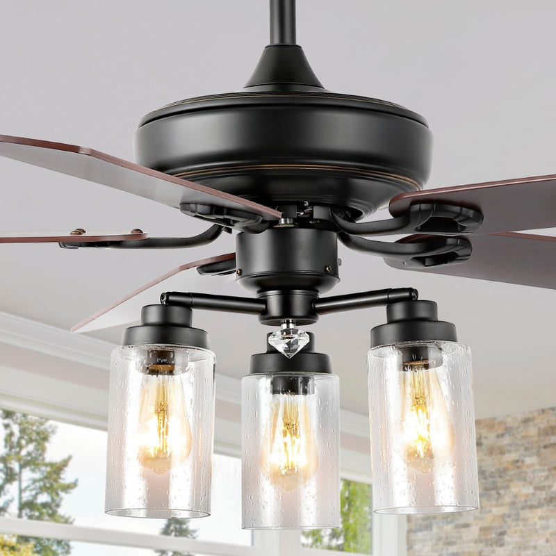 Lucas 52"  Rustic Industrial Iron/Wood/Seeded Glass Mobile-App/Remote-Controlled LED Ceiling Fan - JONATHAN Y