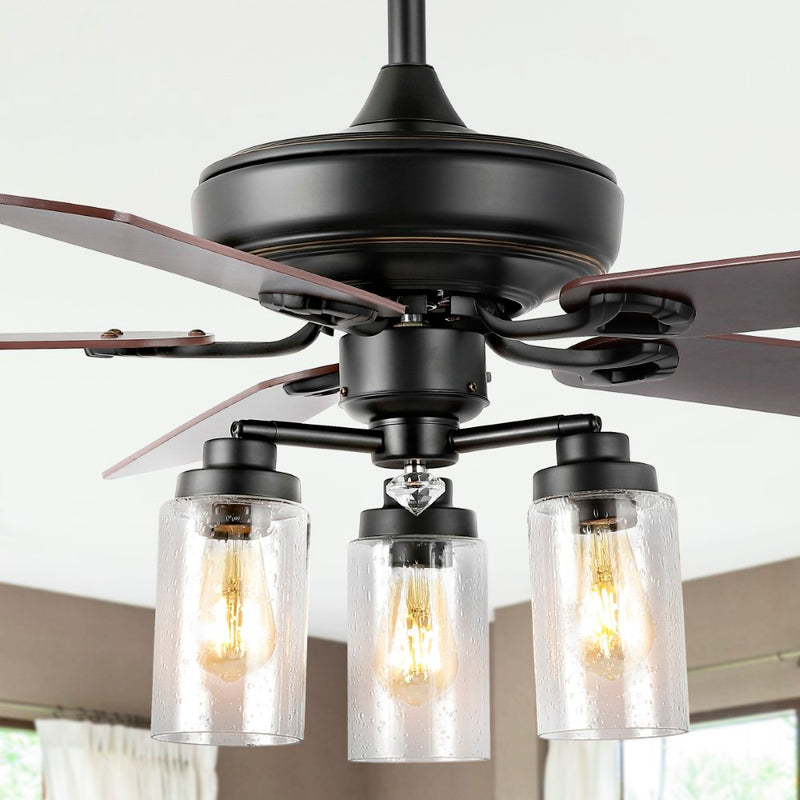 Lucas 52"  Rustic Industrial Iron/Wood/Seeded Glass Mobile-App/Remote-Controlled LED Ceiling Fan - JONATHAN Y