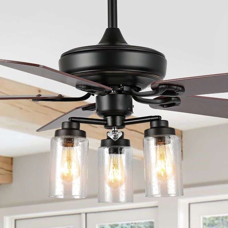 Lucas 52"  Rustic Industrial Iron/Wood/Seeded Glass Mobile-App/Remote-Controlled LED Ceiling Fan - JONATHAN Y