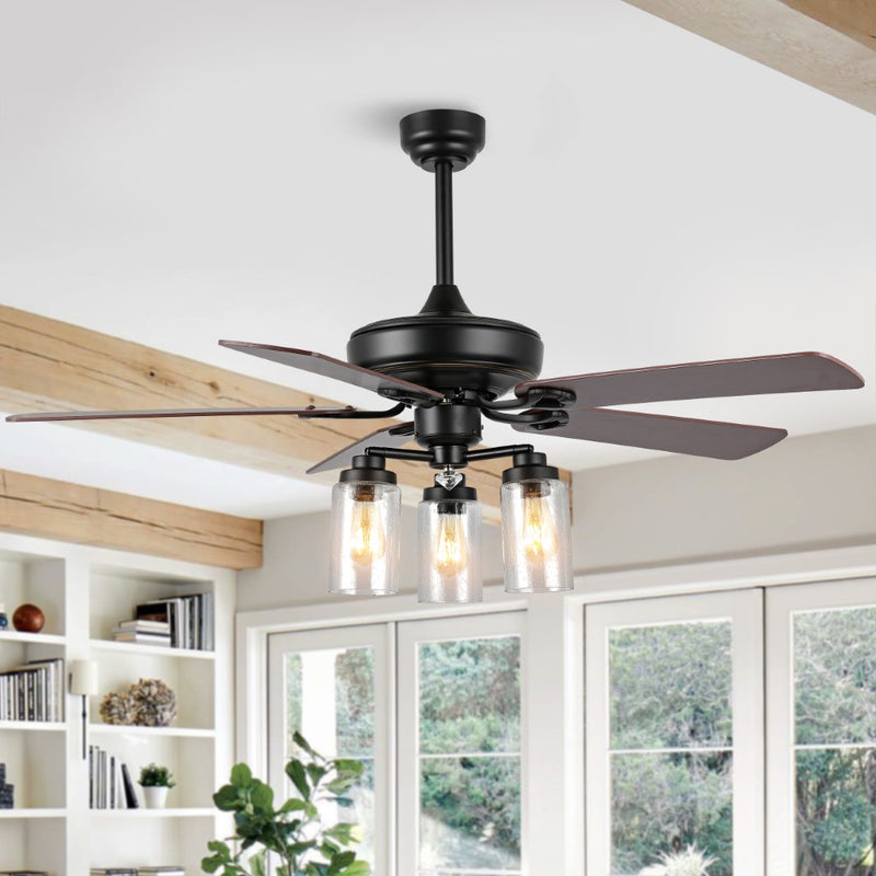 Lucas 52"  Rustic Industrial Iron/Wood/Seeded Glass Mobile-App/Remote-Controlled LED Ceiling Fan - JONATHAN Y