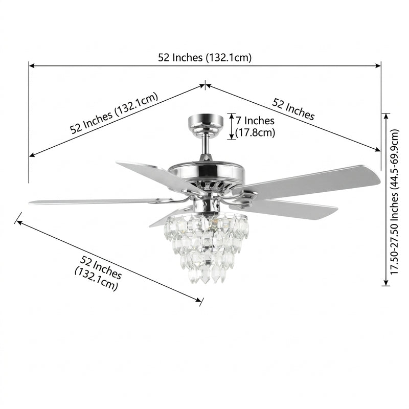 Mindy 52" Glam Modern Crystal Shade LED Ceiling Fan With Remote Chrome / 3 Sockets – DIM