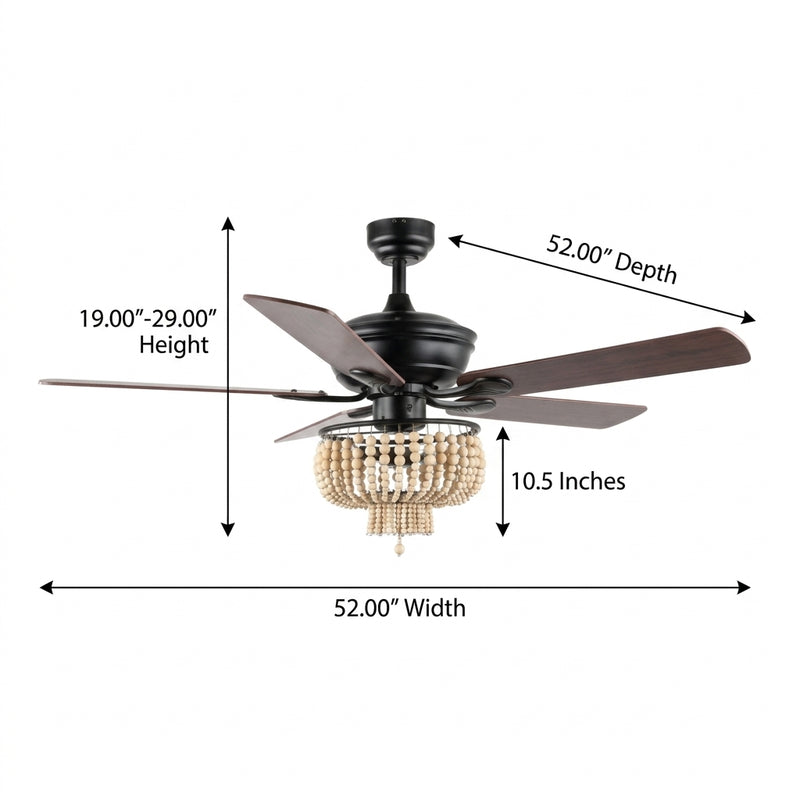 Opal 52" Farmhouse Rustic Wood Bead Shade LED Ceiling Fan With Remote Black / 3 Sockets – DIM