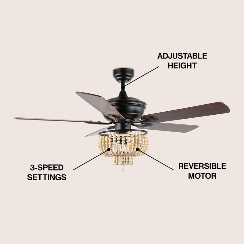Opal 52" Farmhouse Rustic Wood Bead Shade LED Ceiling Fan With Remote