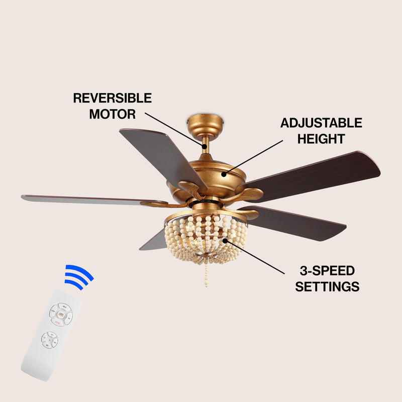 Erin 52"  Rustic Farmhouse Iron/Wood Bead Mobile-App/Remote-Controlled LED Ceiling Fan