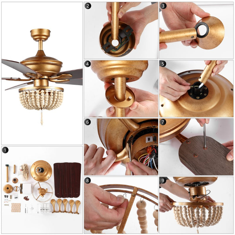 Erin 52"  Rustic Farmhouse Iron/Wood Bead Mobile-App/Remote-Controlled LED Ceiling Fan - JONATHAN Y