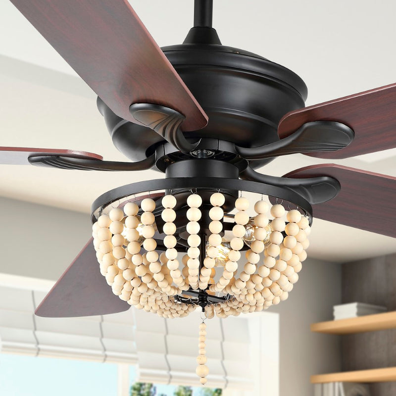 Erin 52"  Rustic Farmhouse Iron/Wood Bead Mobile-App/Remote-Controlled LED Ceiling Fan - JONATHAN Y