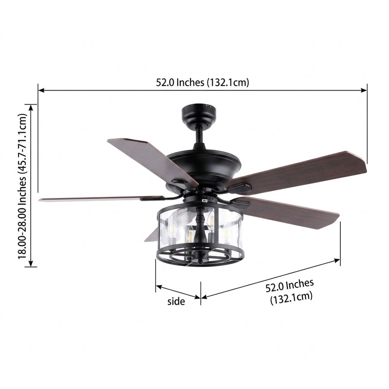 Braxton 52" Farmhouse Industrial Iron Drum Shade LED Ceiling Fan With Remote Black/Clear / 4 Sockets – DIM