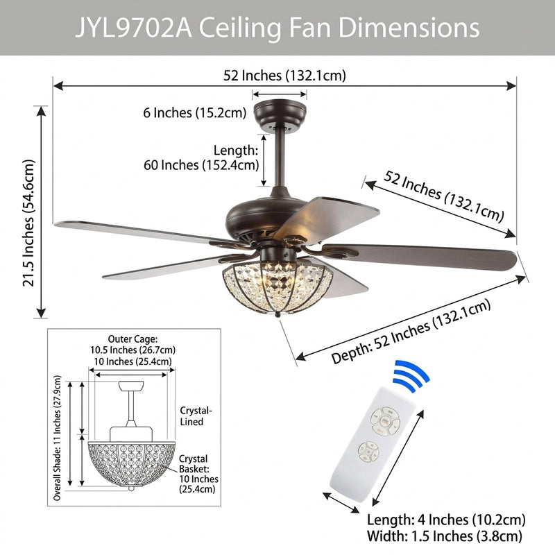 Joanna 52" Bronze Crystal LED Ceiling Fan With Remote Oil Rubbed Bronze / 3 Sockets – DIM