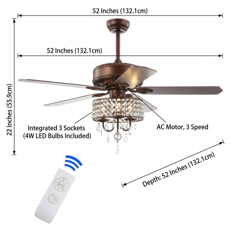 Becky 52" Crystal LED Fan With Remote Oil Rubbed Bronze / 3 Sockets – DIM