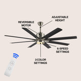 Octo 66" Contemporary Industrial Iron/Plastic Mobile-App/Remote-Controlled 6-Speed Ceiling Fan with Integrated LED Light