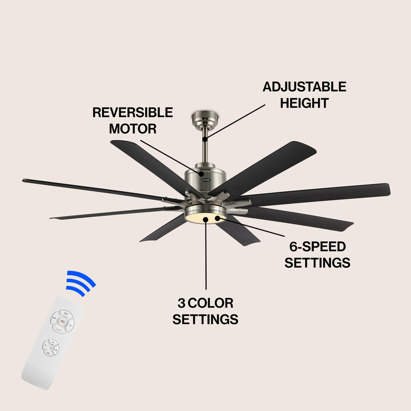 Octo 66" Contemporary Industrial Iron/Plastic Mobile-App/Remote-Controlled 6-Speed Ceiling Fan with Integrated LED Light