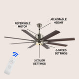 Octo 66" Contemporary Industrial Iron/Plastic Mobile-App/Remote-Controlled 6-Speed Ceiling Fan with Integrated LED Light