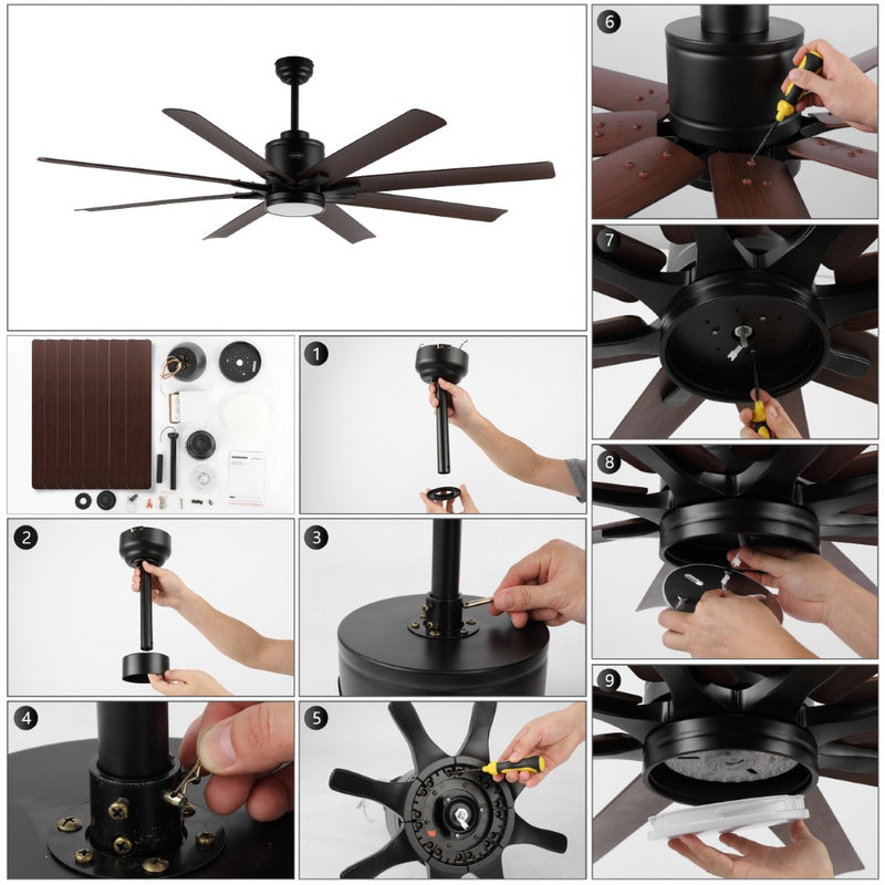 Octo 66" Contemporary Industrial Iron/Plastic Mobile-App/Remote-Controlled 6-Speed Ceiling Fan with Integrated LED Light