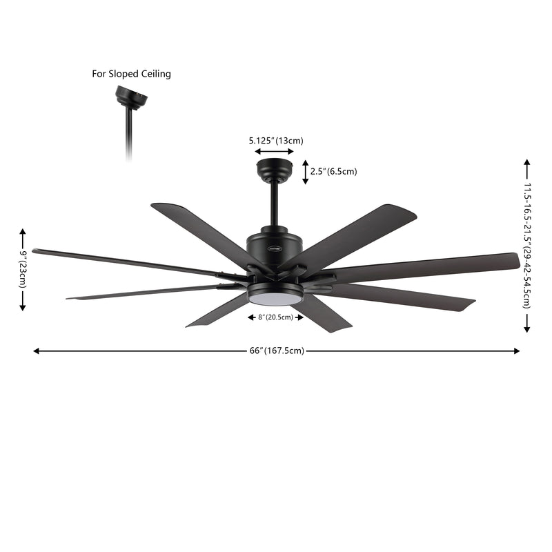 Octo 66" Contemporary Industrial Iron/Plastic Mobile-App/Remote-Controlled 6-Speed Ceiling Fan with Integrated LED Light