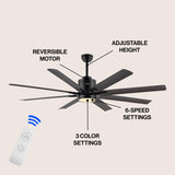 Octo 66" Contemporary Industrial Iron/Plastic Mobile-App/Remote-Controlled 6-Speed Ceiling Fan with Integrated LED Light