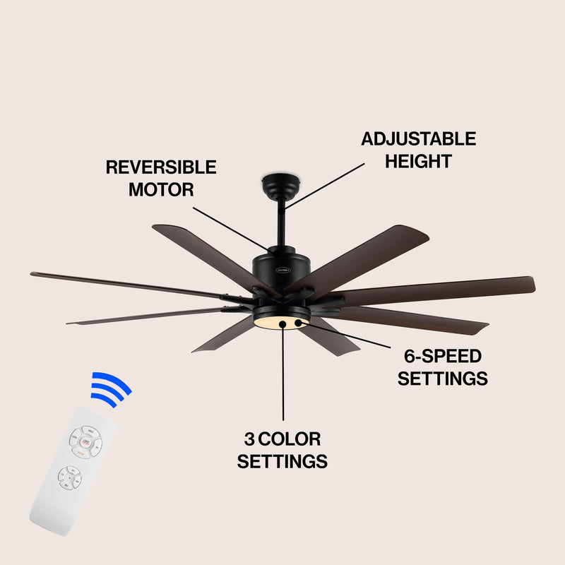 Octo 66" Contemporary Industrial Iron/Plastic Mobile-App/Remote-Controlled 6-Speed Ceiling Fan with Integrated LED Light