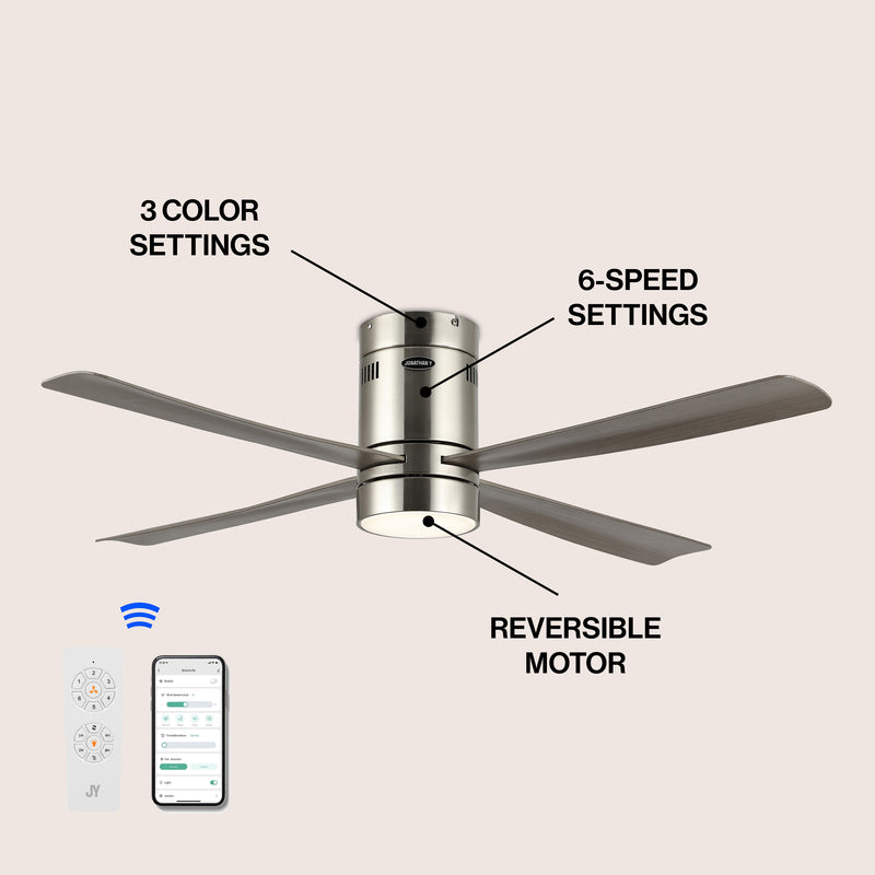 Theo 52" Contemporary Minimalist Iron/Acrylic Mobile-App/Remote-Controlled 6-Speed Integrated LED Ceiling Fan - JONATHAN Y