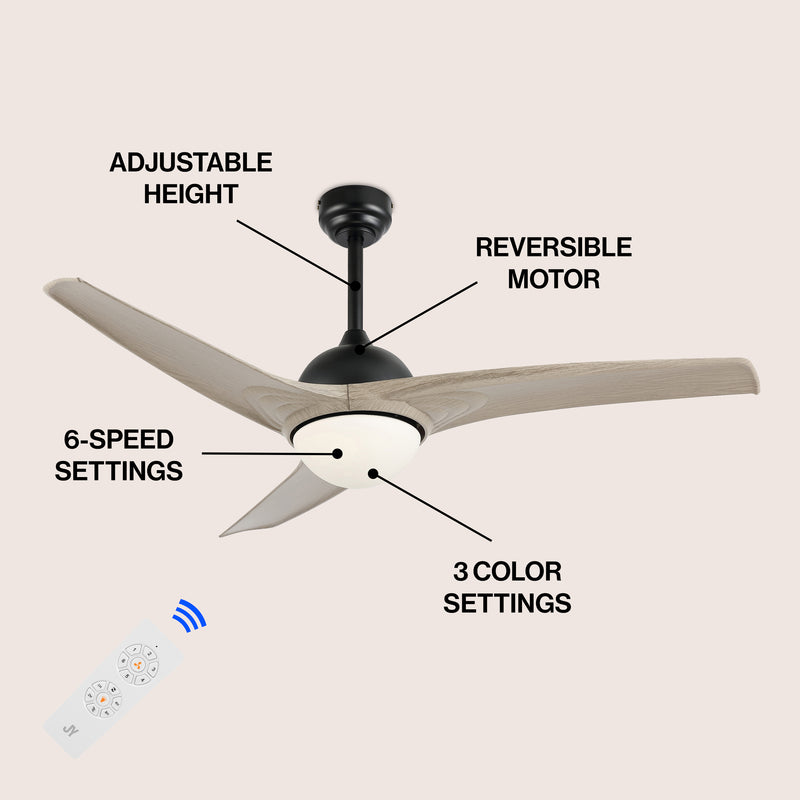 Sully 52" Contemporary Industrial Iron/Plastic Mobile-App/Remote-Controlled 6-Speed Propeller Integrated LED Ceiling Fan