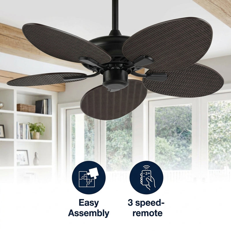 Raffles 52" Bohemian Industrial Iron/Plastic Mobile-App/Remote-Controlled 6-Speed Palm Blade Ceiling Fan Dark Brown Wood Finish – ICONS
