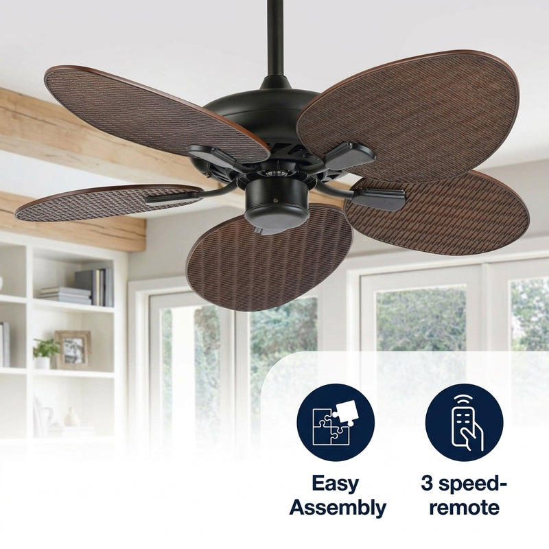 Raffles 52" Bohemian Industrial Iron/Plastic Mobile-App/Remote-Controlled 6-Speed Palm Blade Ceiling Fan Neutral Brown Wood Finish – ICONS