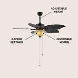 Poinciana 52" Coastal Bohemian Iron/Wood Palm Leaf LED Ceiling Fan with Pull Chain - JONATHAN Y