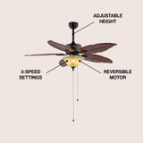 Poinciana 52" Coastal Bohemian Iron/Wood Palm Leaf LED Ceiling Fan with Pull Chain - JONATHAN Y