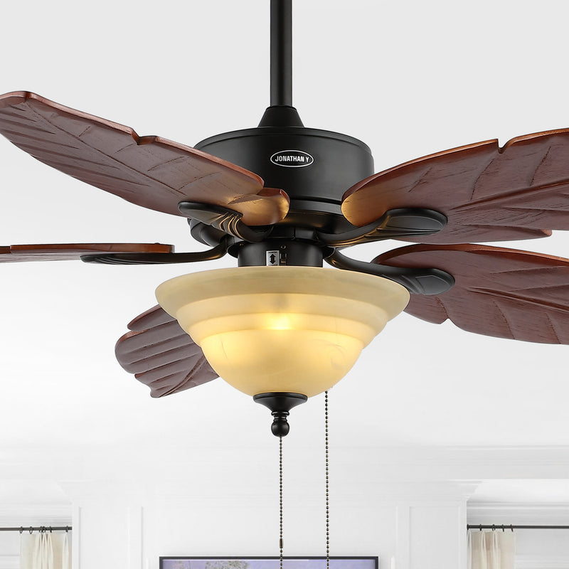 Poinciana 52" Coastal Bohemian Iron/Wood Palm Leaf LED Ceiling Fan with Pull Chain - JONATHAN Y