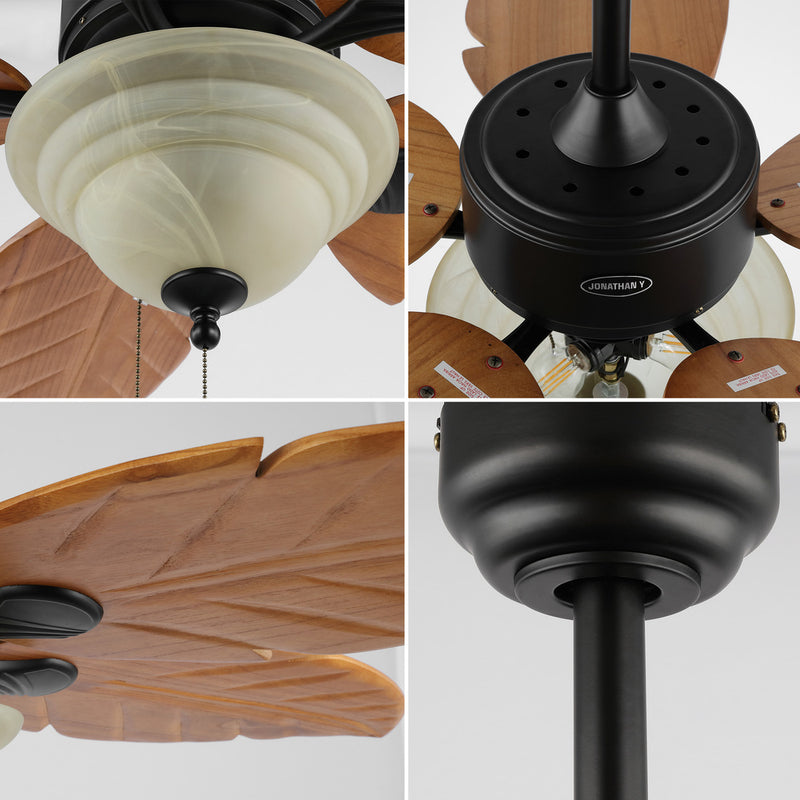 Poinciana 52" Coastal Bohemian Iron/Wood Palm Leaf LED Ceiling Fan with Pull Chain - JONATHAN Y