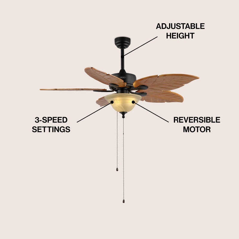 Poinciana 52" Coastal Bohemian Iron/Wood Palm Leaf LED Ceiling Fan with Pull Chain - JONATHAN Y